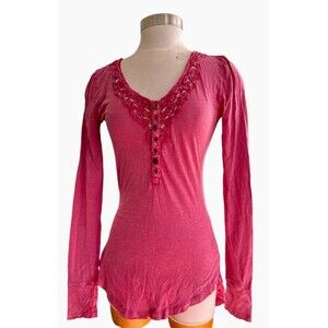 We the Free Women Small Legacy Crochet V-neck Long Sleeve Henley Pink Tunic Top